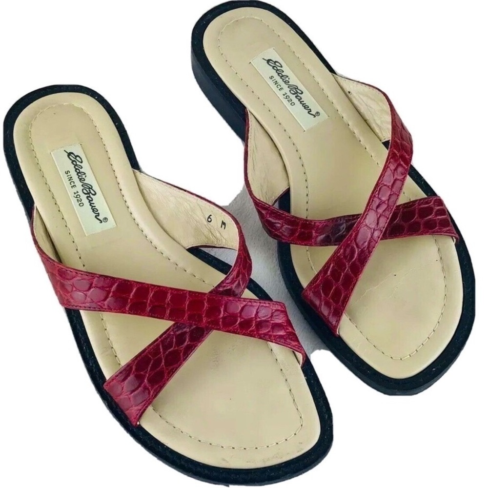 Eddie Bauer Croco Crisscross red leather sandals. 1622